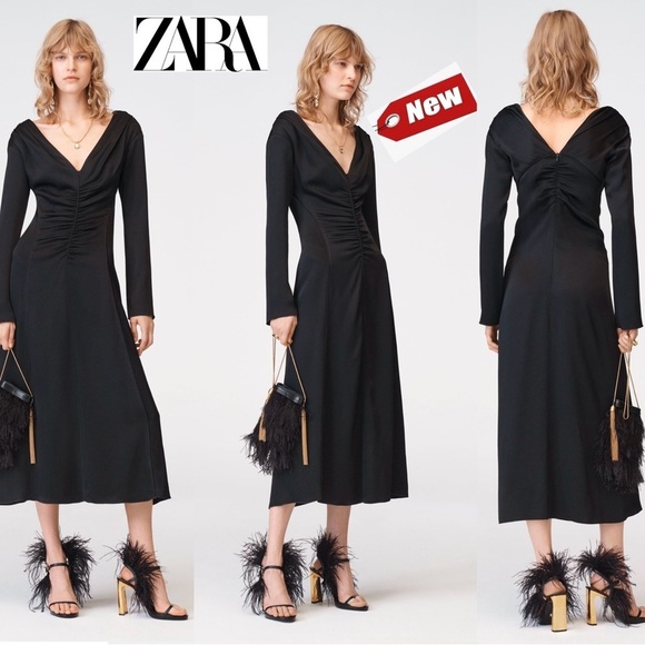 Zara Dresses & Skirts - Zara Studio Collection limited edition black A-line V- neck pleated midi dress M